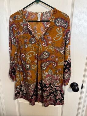 Paisley Grace USA Mustard Boho Paisley Tunic Top Mixed Print Striped Trim